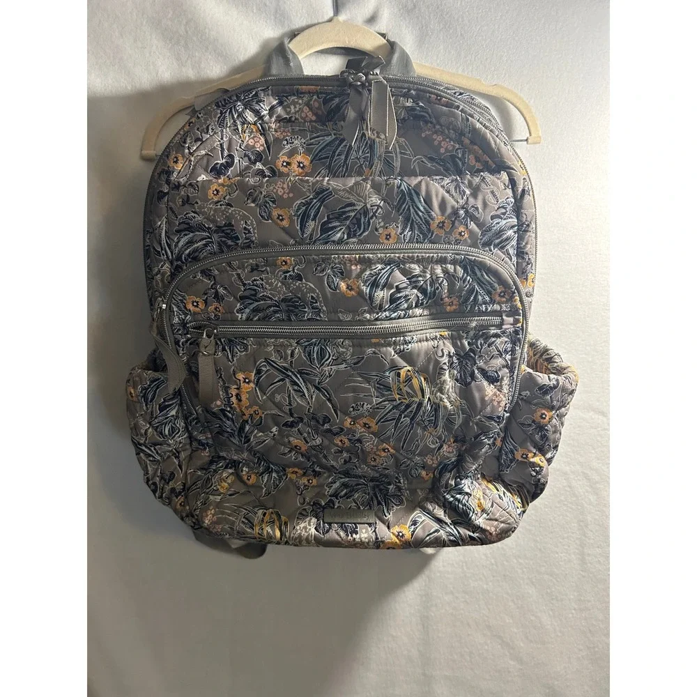 Vera Bradley Quilted Backpack Gray Floral Botanical Print Multi Pocket Travel